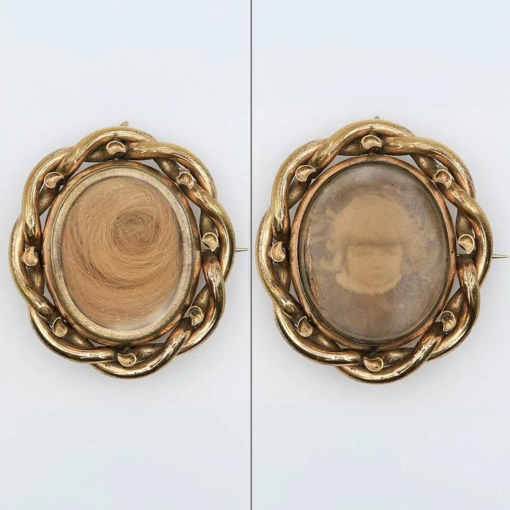 Antique Victorian Swivel‎ Mourning Hair & Child Photo Gold Filled Brooch 1870s